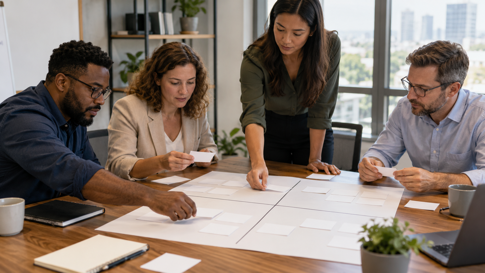 Business leaders sorting blank cards into a four-quadrant strategy matrix on a conference table.