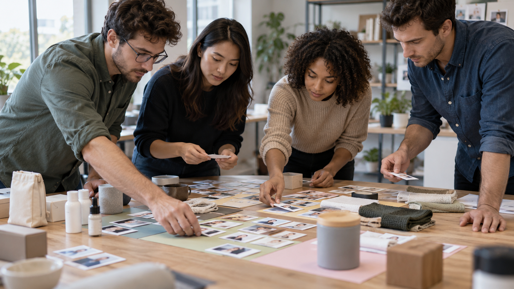 Marketing researchers clustering anonymous customer cards and product samples into distinct groups on a studio table.