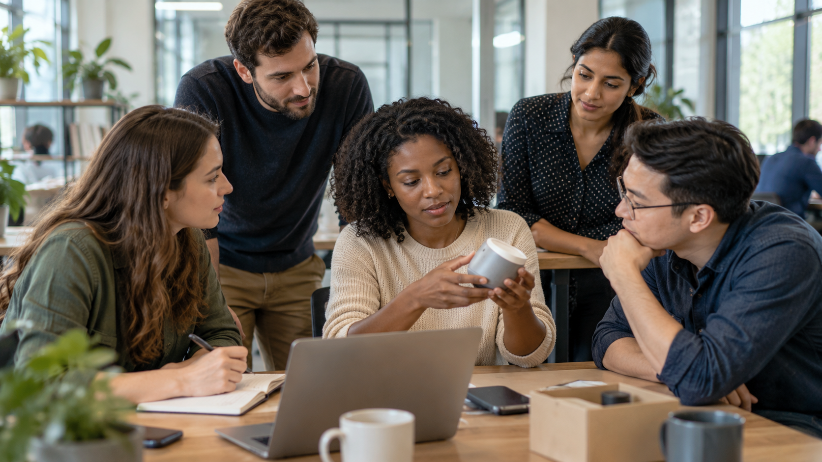 A startup product team observing generic users testing an unbranded prototype in a practical workspace.