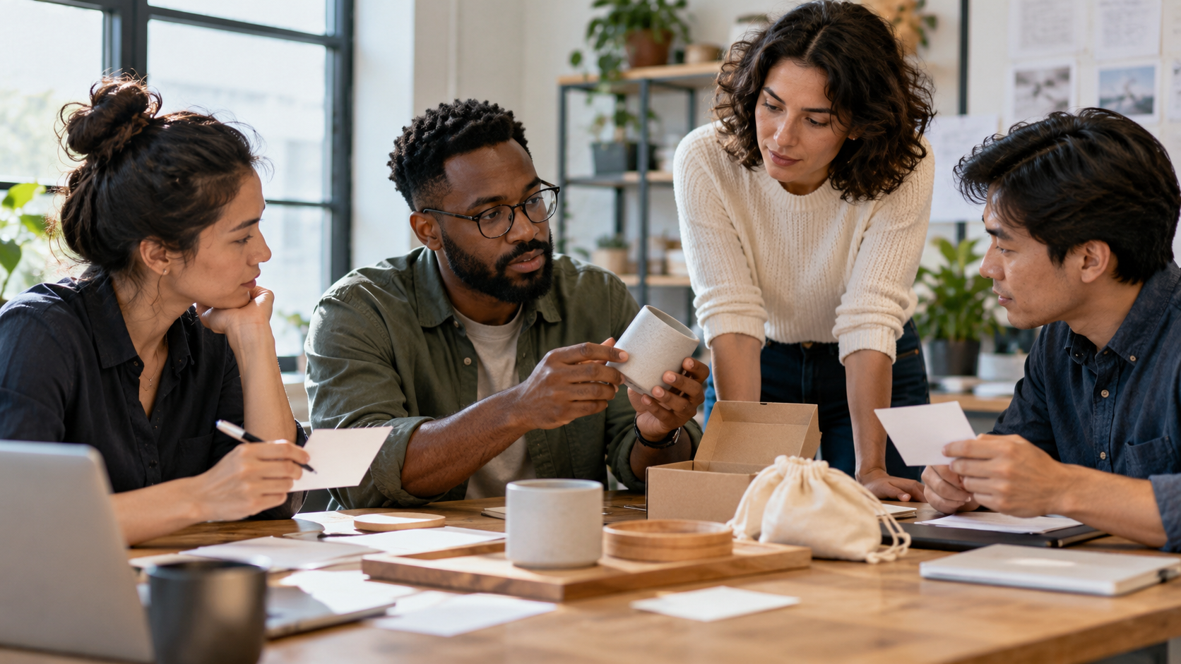 Designers and a small-business founder testing a simple unbranded product prototype with blank feedback cards.