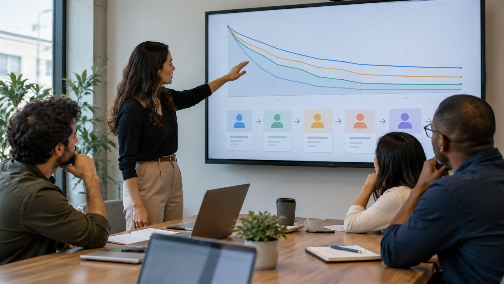 A subscription business team studying unlabeled retention curves and customer lifecycle cards on a large screen.