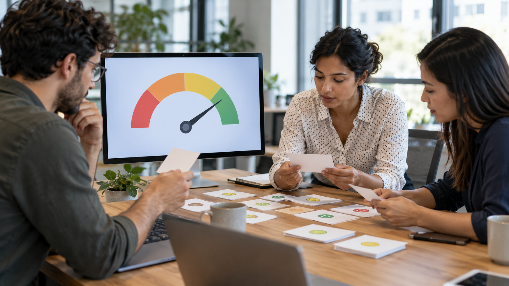 Customer experience analysts reviewing anonymous survey response cards and an unlabeled gauge in a modern office.