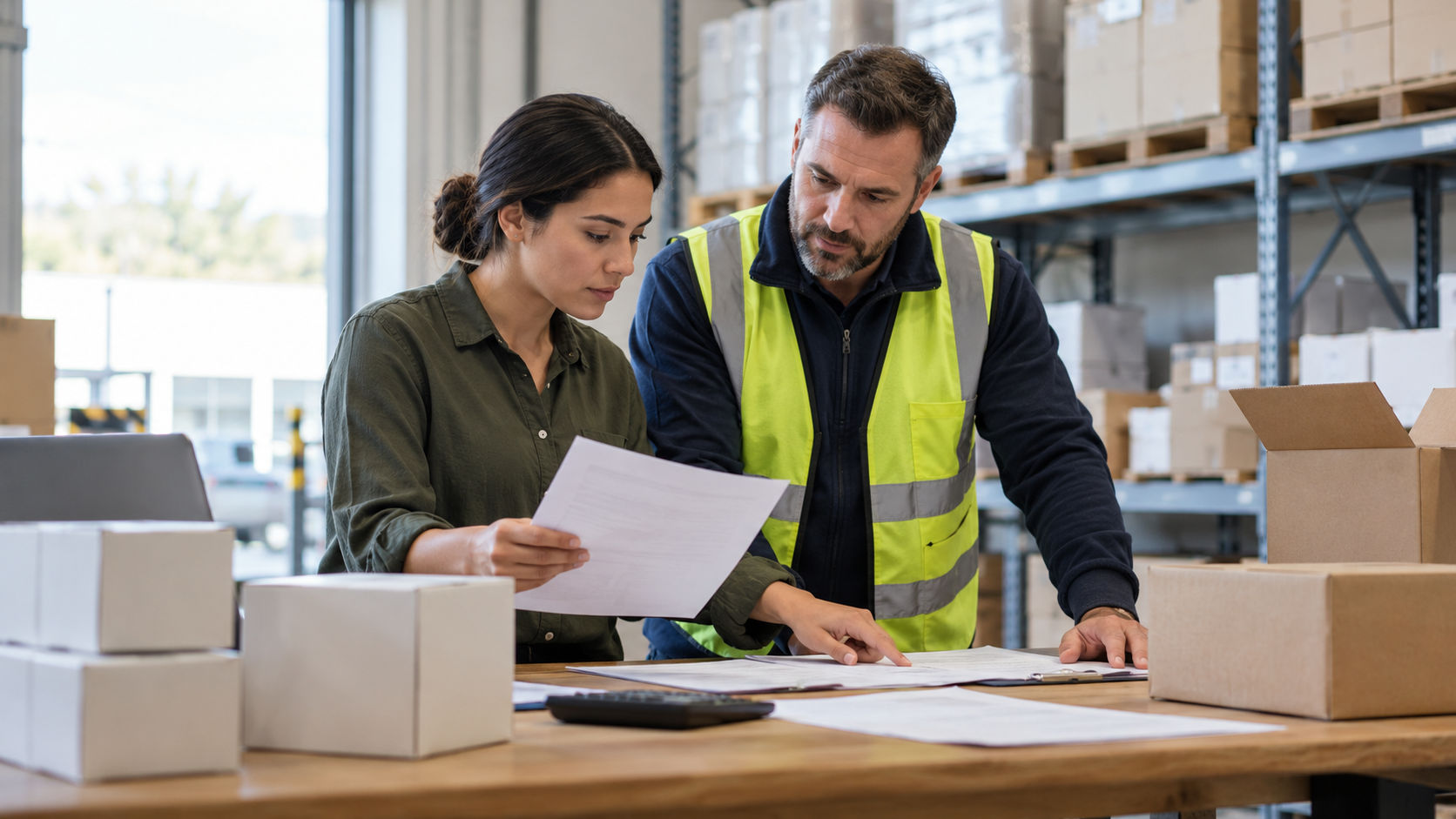 An inventory accountant and warehouse supervisor reconciling plain products and unlabeled cost sheets.