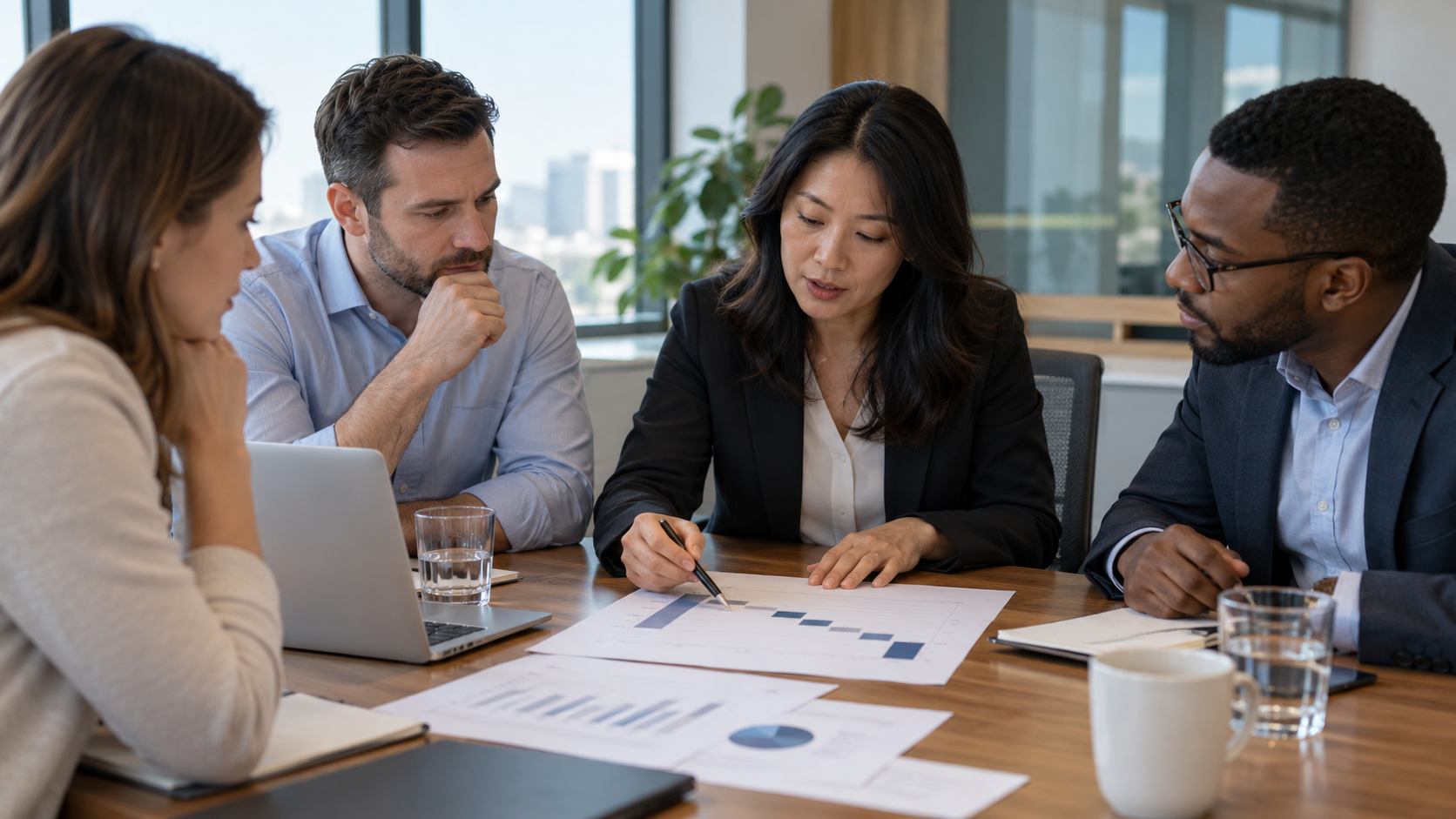 A controller reviewing an unlabeled income statement bridge with operating teams at a conference table.