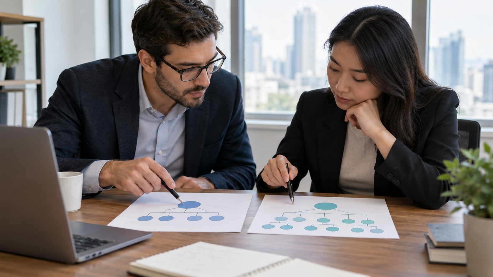 Financial analysts comparing basic and diluted share-count diagrams on blank worksheets.