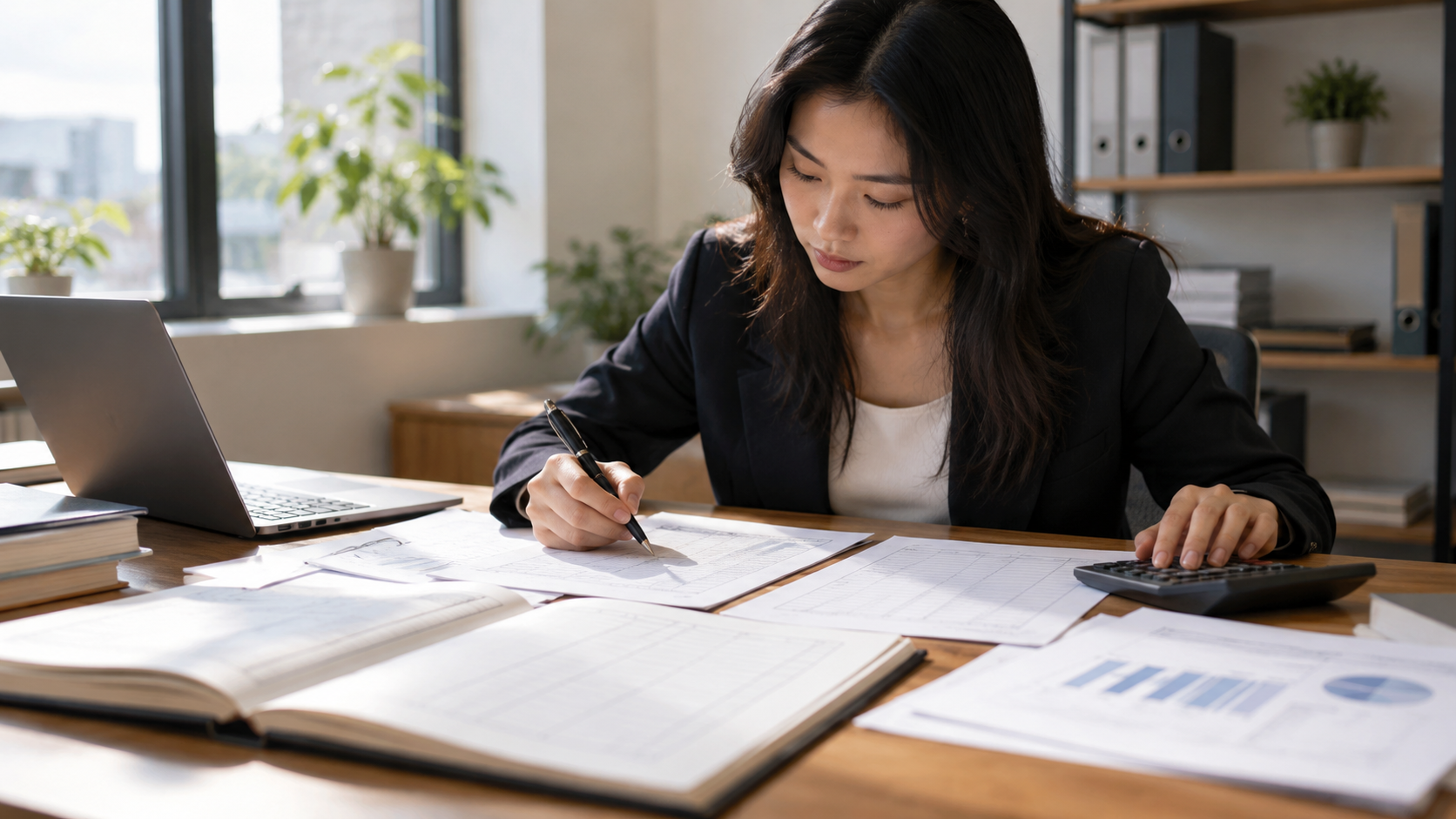 An accountant tracing profit, dividends, and reinvestment through blank equity ledgers.