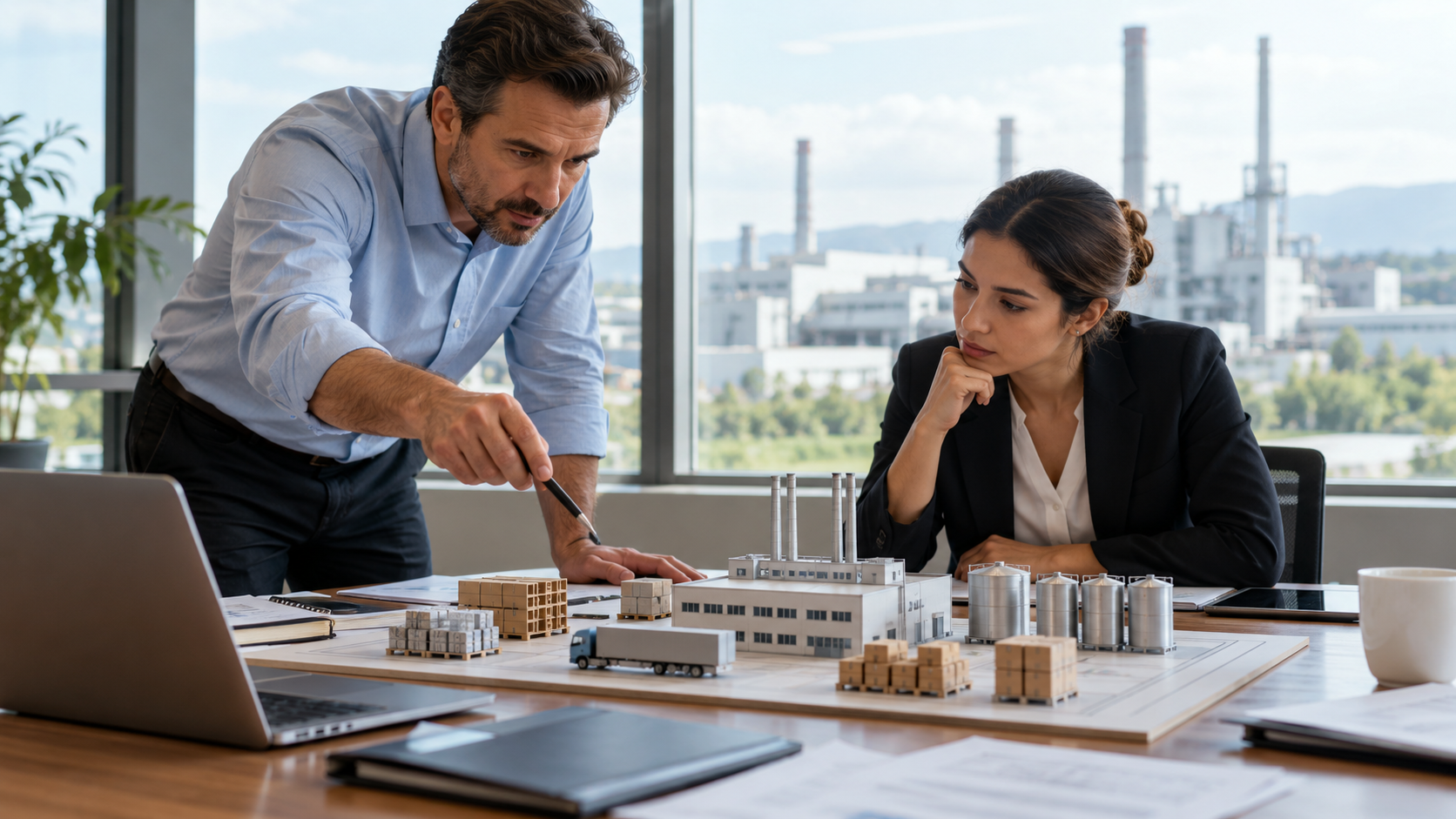 Analysts connecting after-tax operating profit to factories, inventory, and working-capital assets on an unlabeled model.