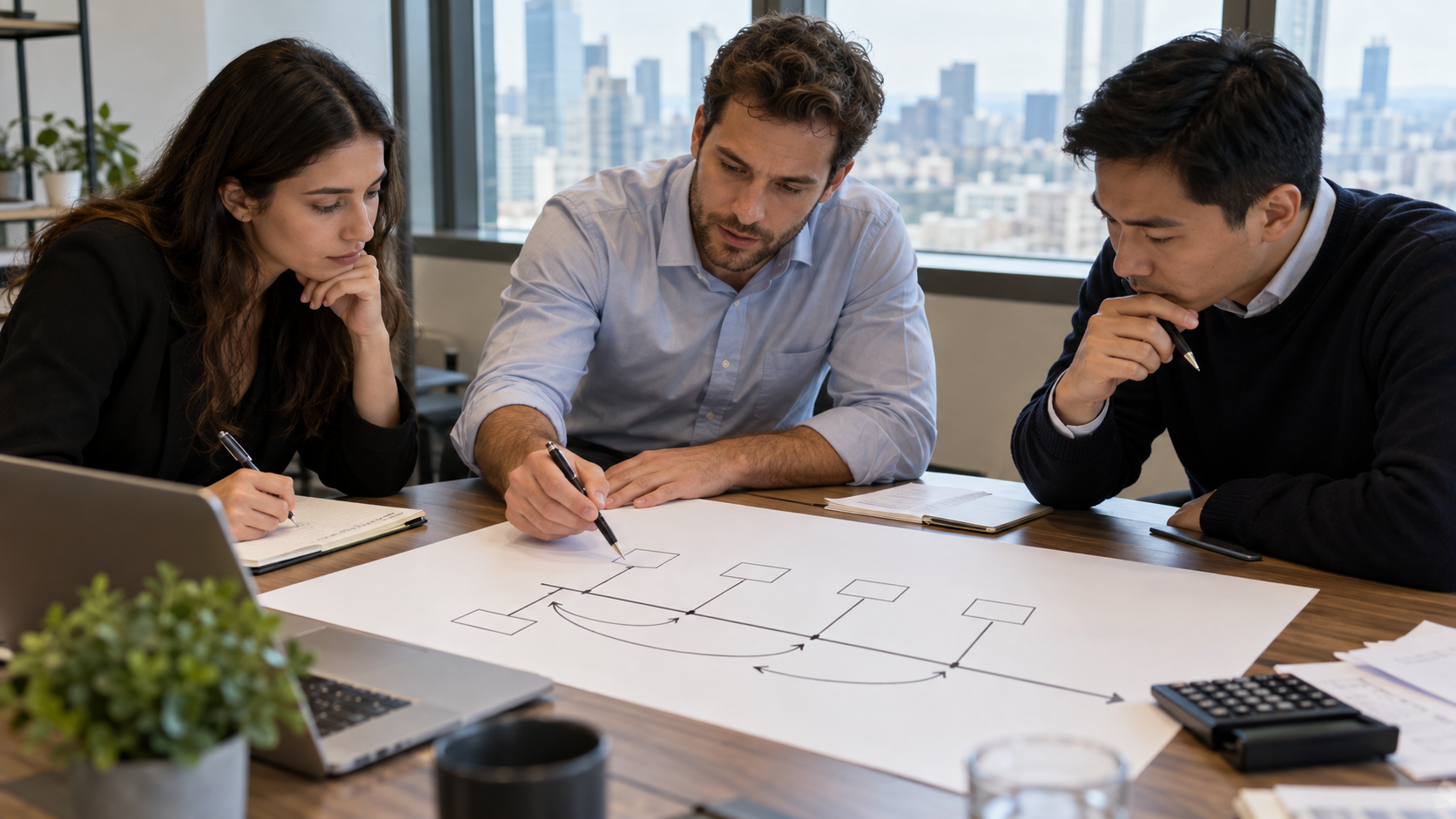 Valuation analysts projecting blank cash-flow columns and discounting them back along a tabletop timeline.