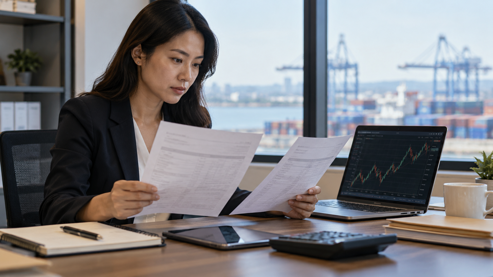 An export finance manager comparing generic invoices in two currencies with an unlabeled exchange-rate screen.