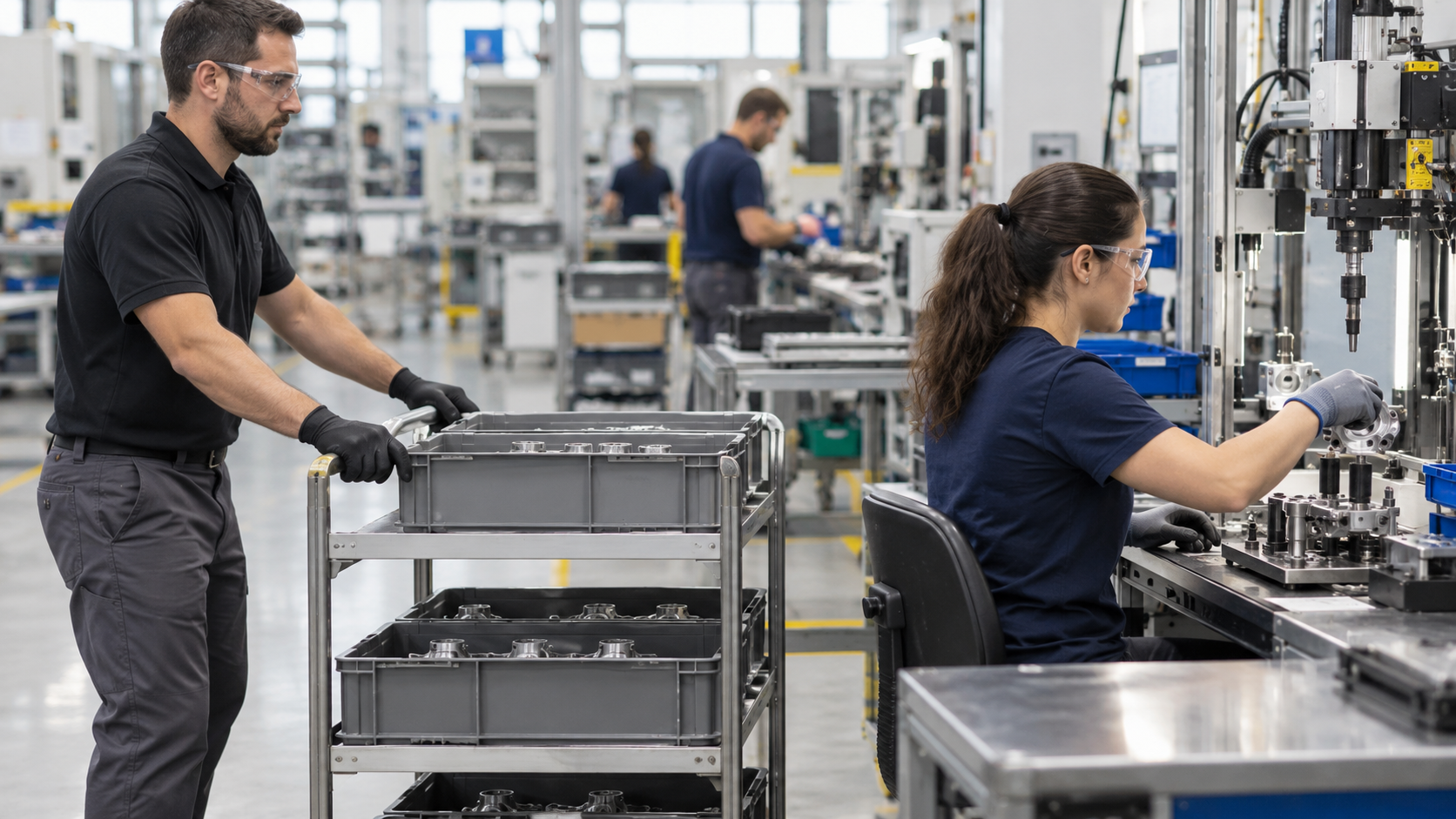 A clean manufacturing cell receiving a small batch of plain components exactly as workers need them.