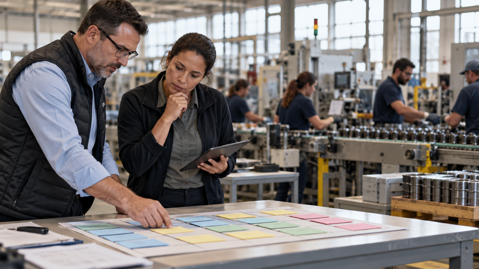 Operations managers observing a factory line bottleneck and arranging shift and machine capacity cards.