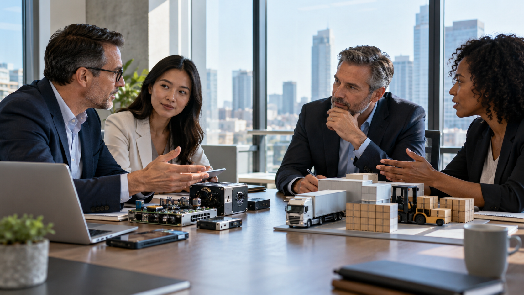 Executives from two generic companies combining separate technology and distribution assets around a new venture table.