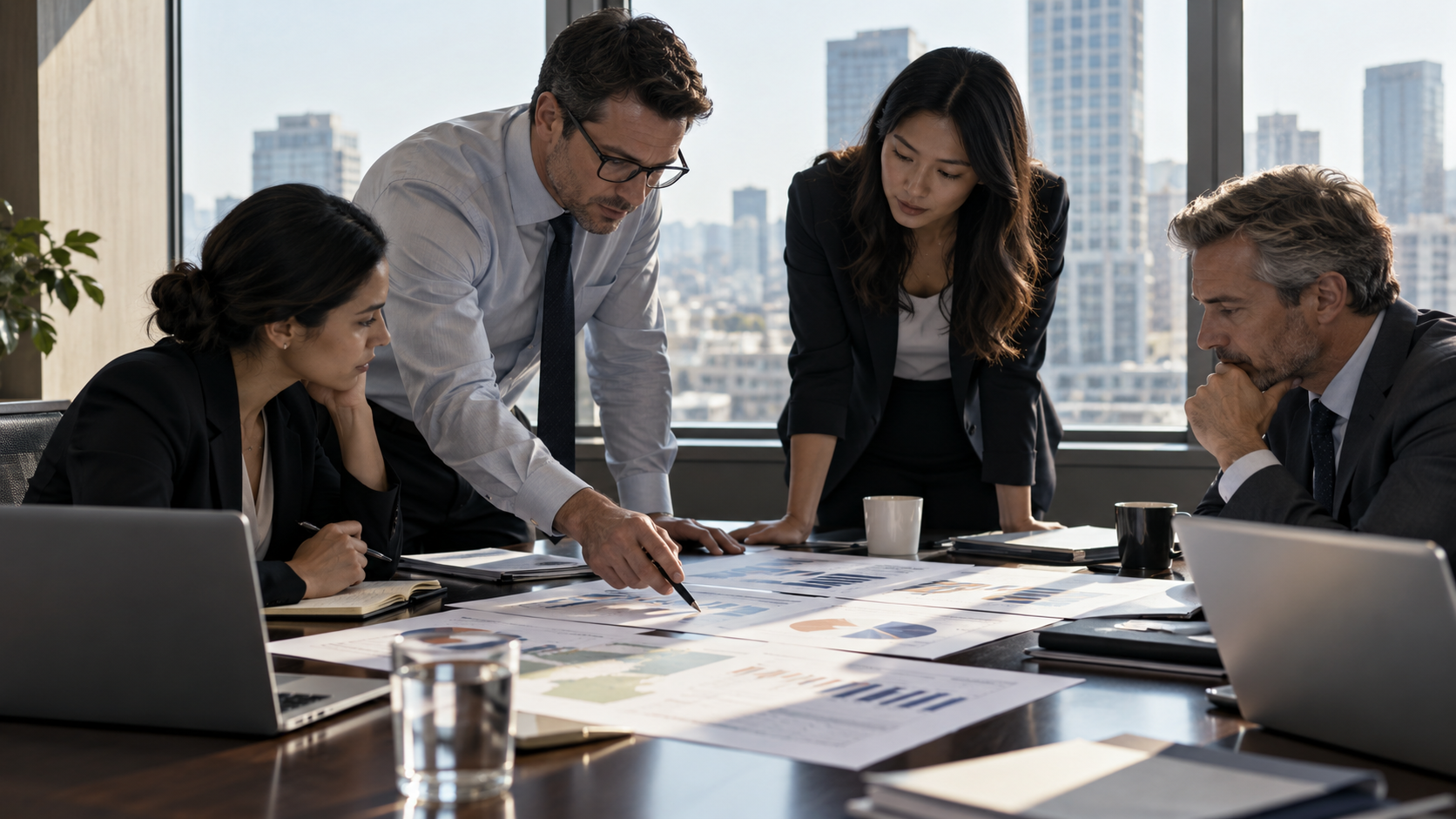 A distressed-investment team mapping a troubled company capital structure, collateral, liquidity runway, and restructuring alternatives without readable text.