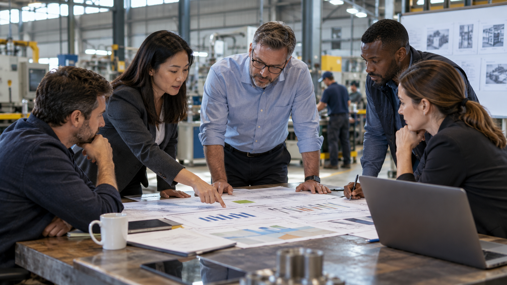A turnaround leadership team reviewing a thirteen-week cash forecast, factory operations, customer commitments, and restructuring milestones in a working session.