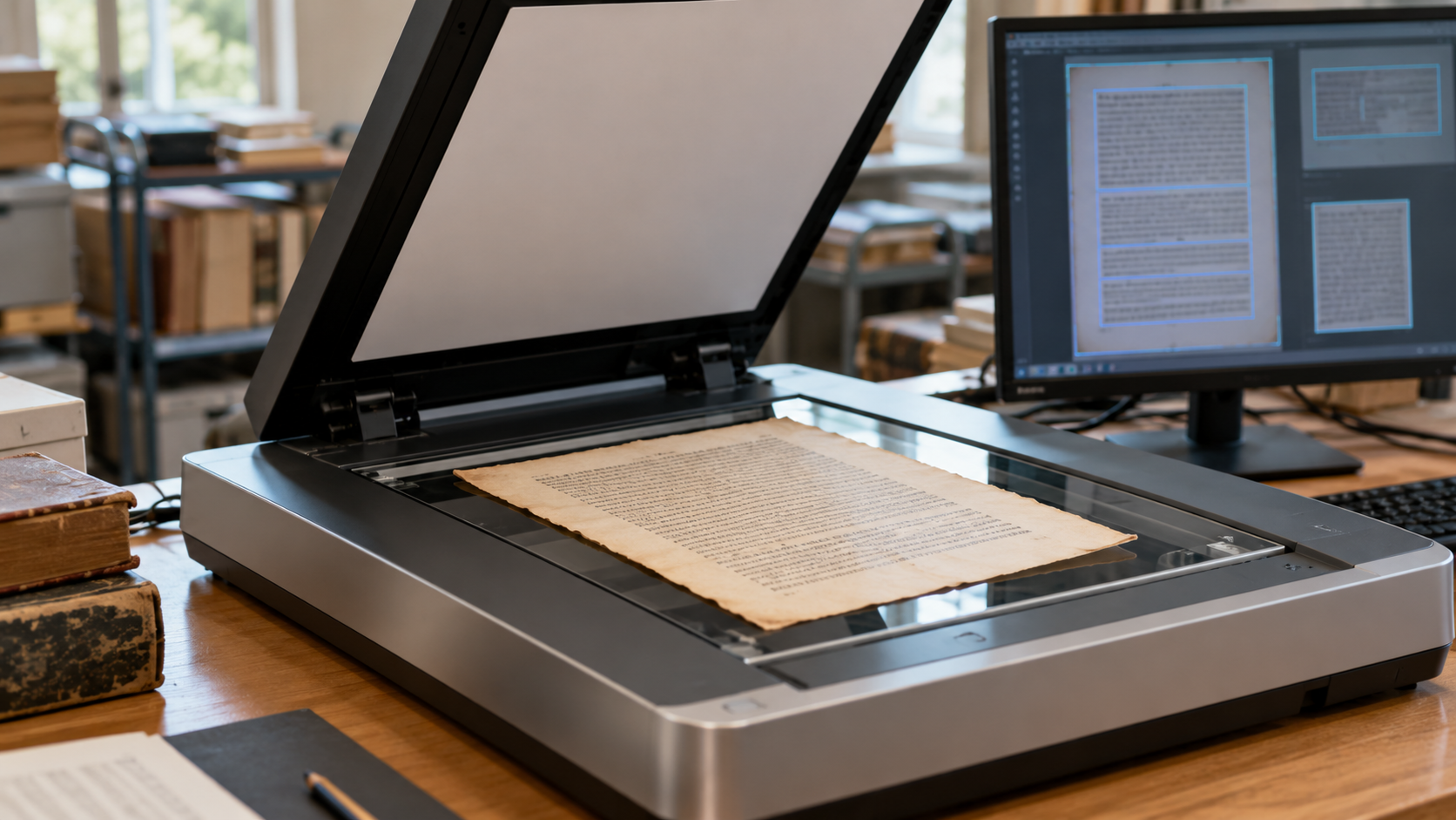 Flatbed scanner digitizing an aged page beside a monitor with blurred text-detection regions.
