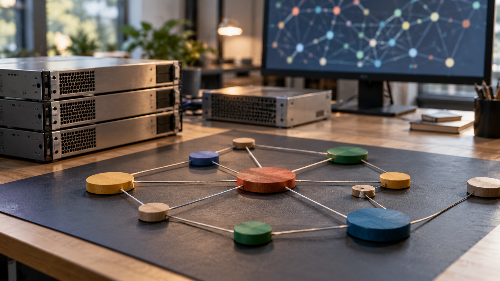 Unbranded server modules and connected colored wooden discs representing nodes and relationships on a worktable.