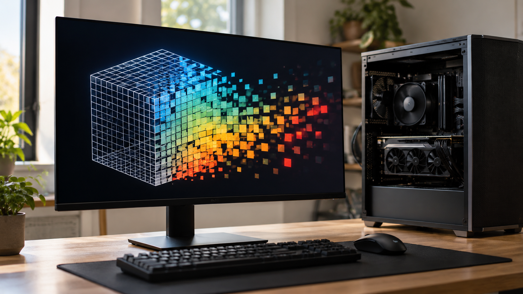 Unbranded graphics workstation showing a text-free wireframe cube resolving into colored pixel squares.