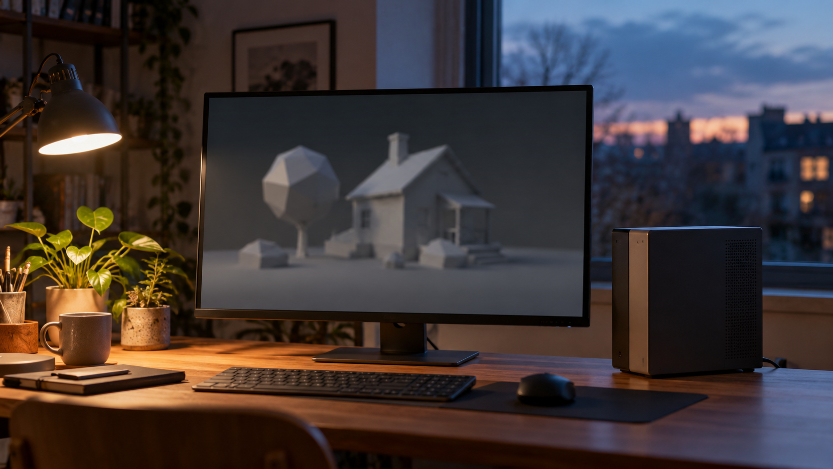 Unbranded desktop computer and monitor showing a soft, text-free low-poly 3D scene at dusk.