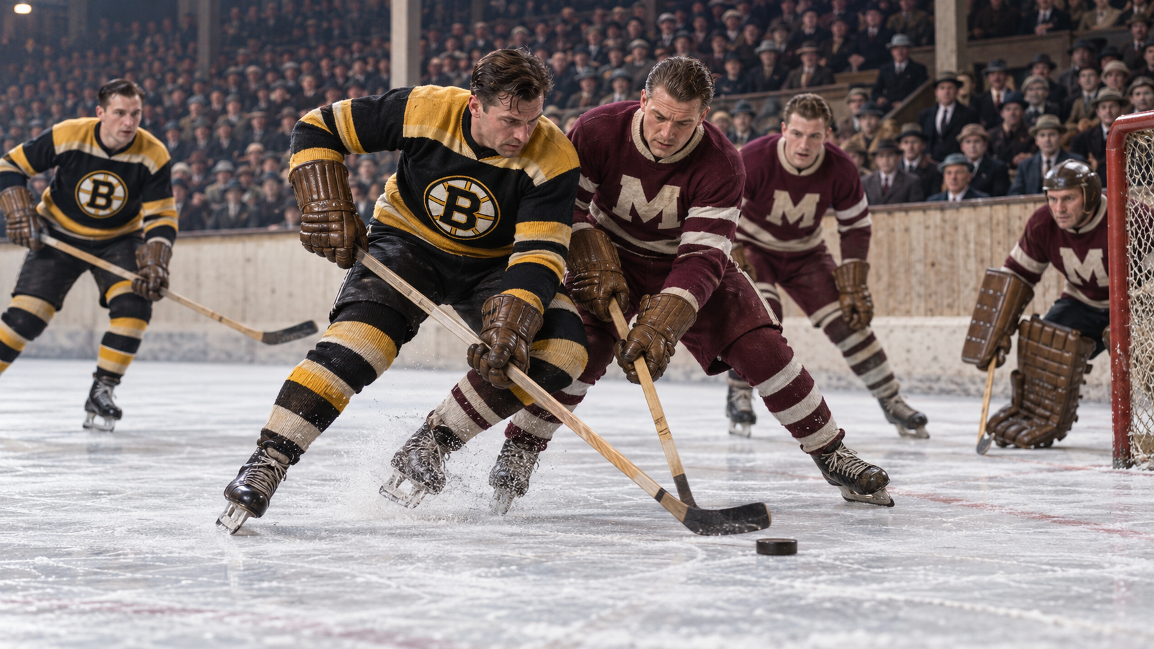 Photorealistic historical reconstruction of the Boston Bruins playing their first NHL game in 1924.