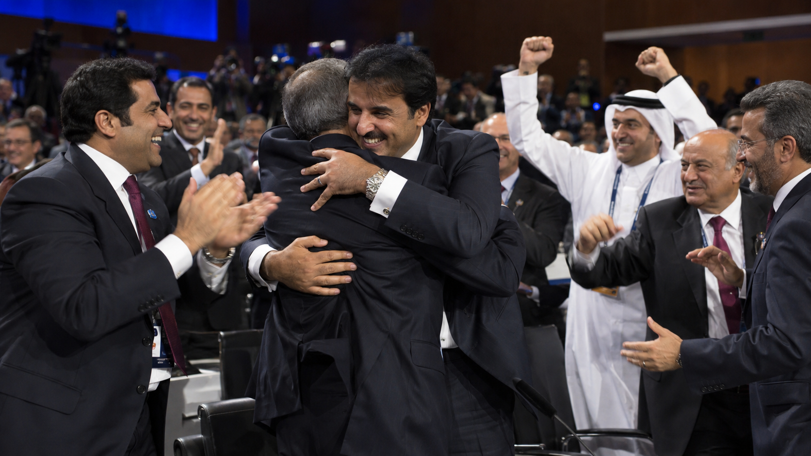 Photorealistic reconstruction of Qatar's delegation reacting to the 2010 World Cup host vote.