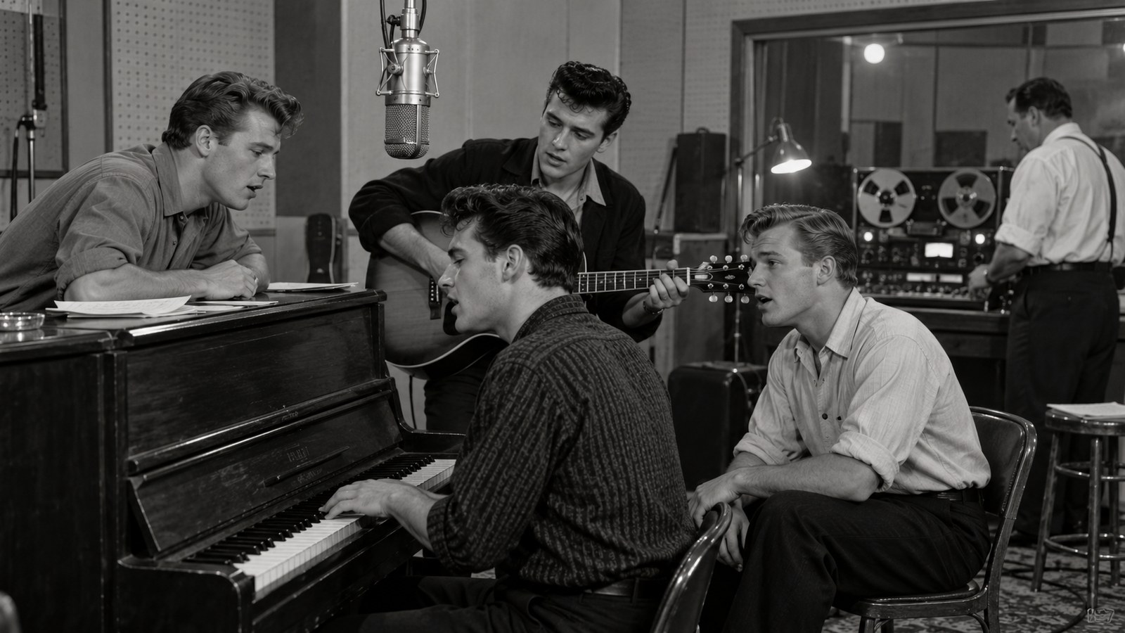 AI reconstruction of an impromptu session brought Elvis Presley, Jerry Lee Lewis, Carl Perkins and Johnny Cash together at Sun Studio on December 4, 1956