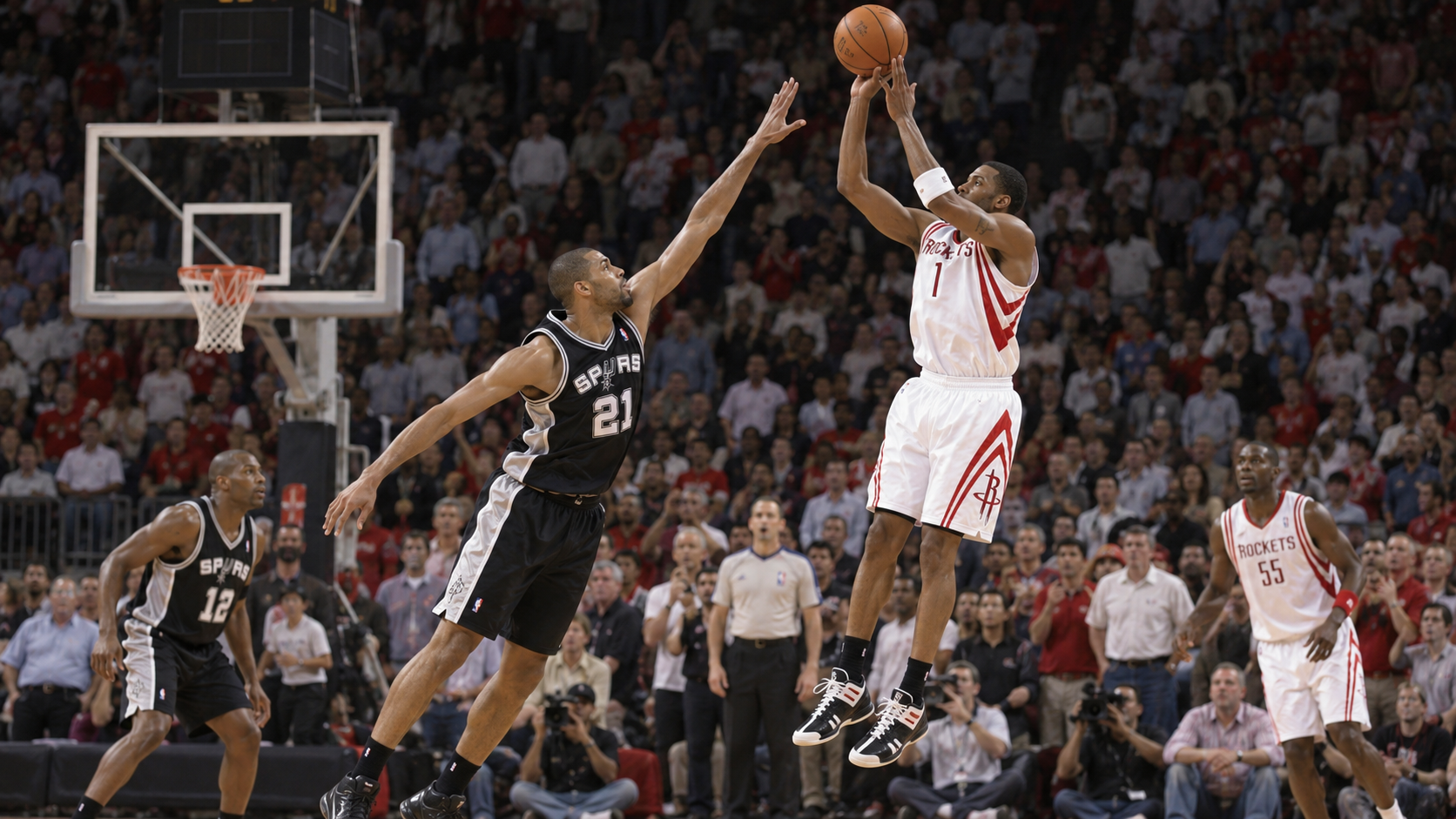 Photorealistic reconstruction of Tracy McGrady's final three-pointer during his 13-point comeback in 2004.