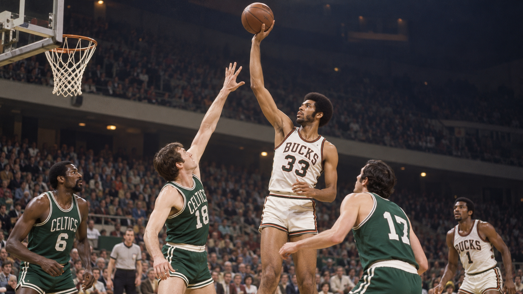 Photorealistic reconstruction of Kareem Abdul-Jabbar scoring a career-high 55 points in 1971.