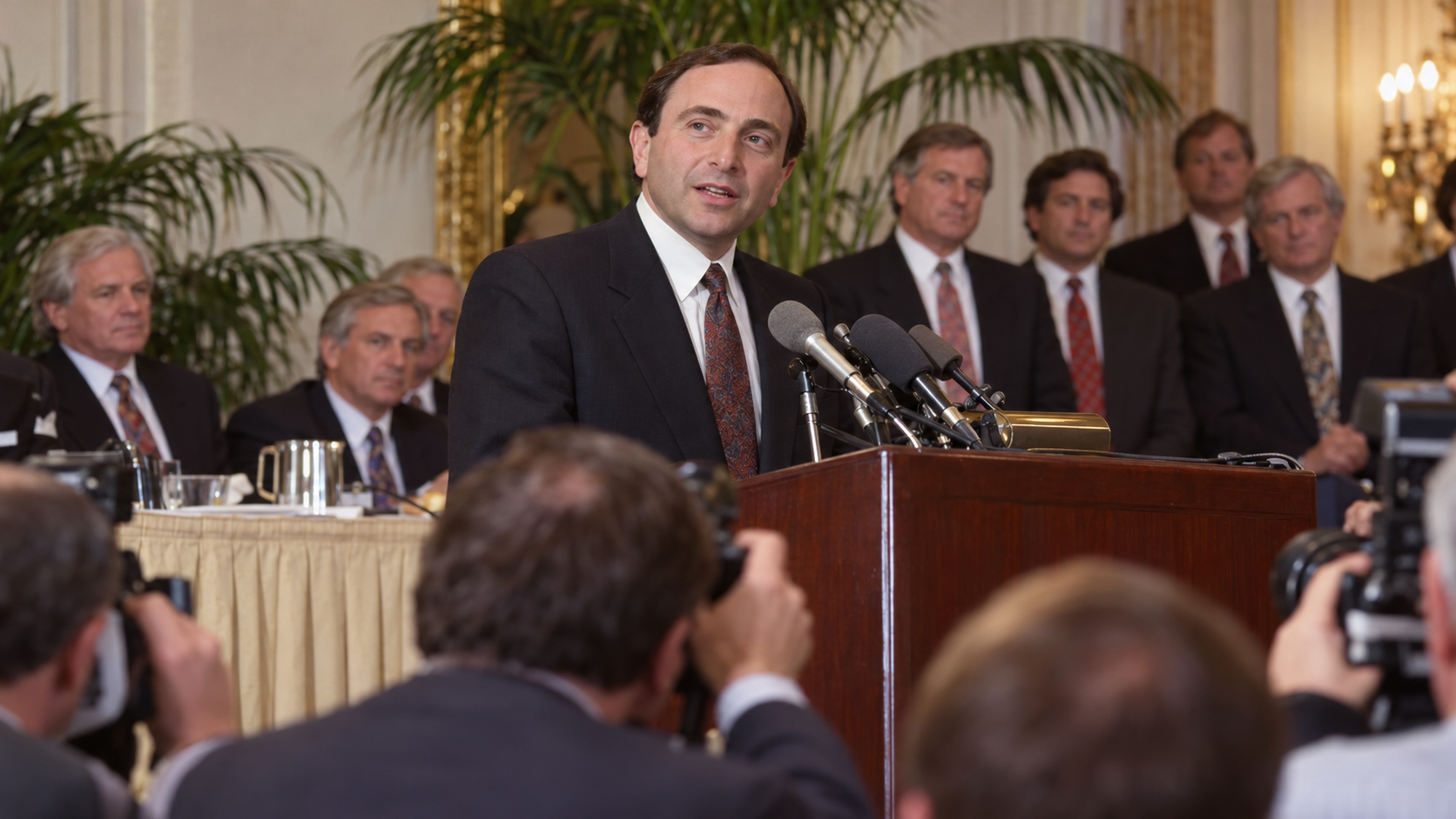 Photorealistic reconstruction of Gary Bettman's selection as the NHL's first commissioner in 1992.