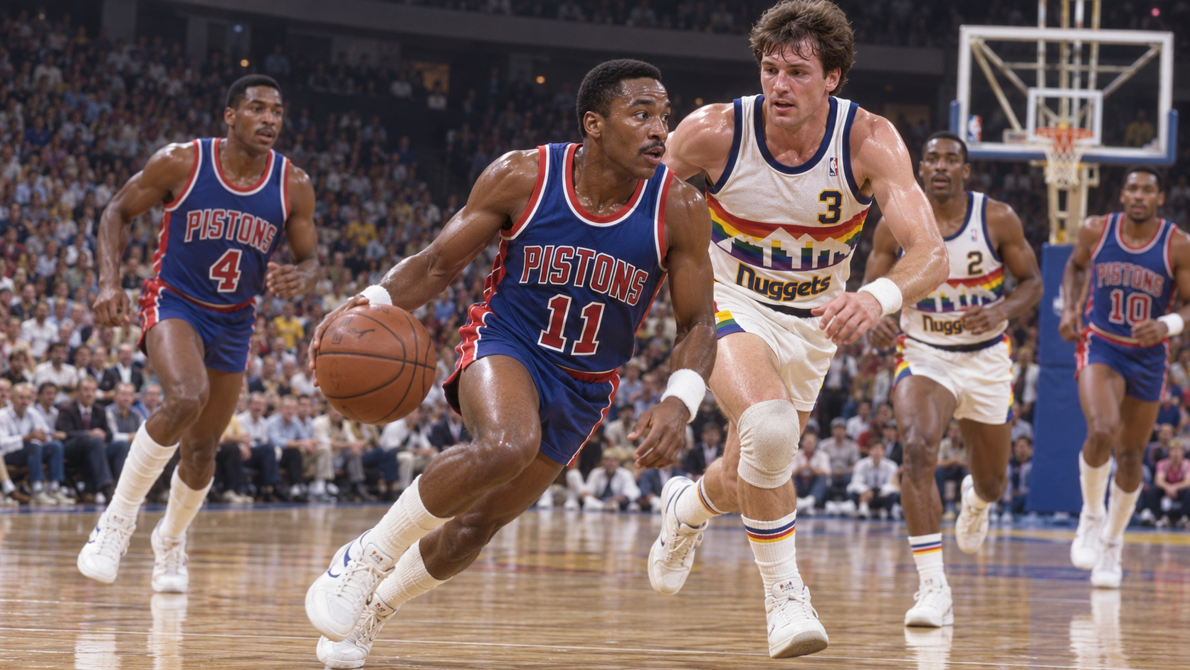 Photorealistic reconstruction of the Pistons and Nuggets playing the NBA's highest-scoring game in 1983.