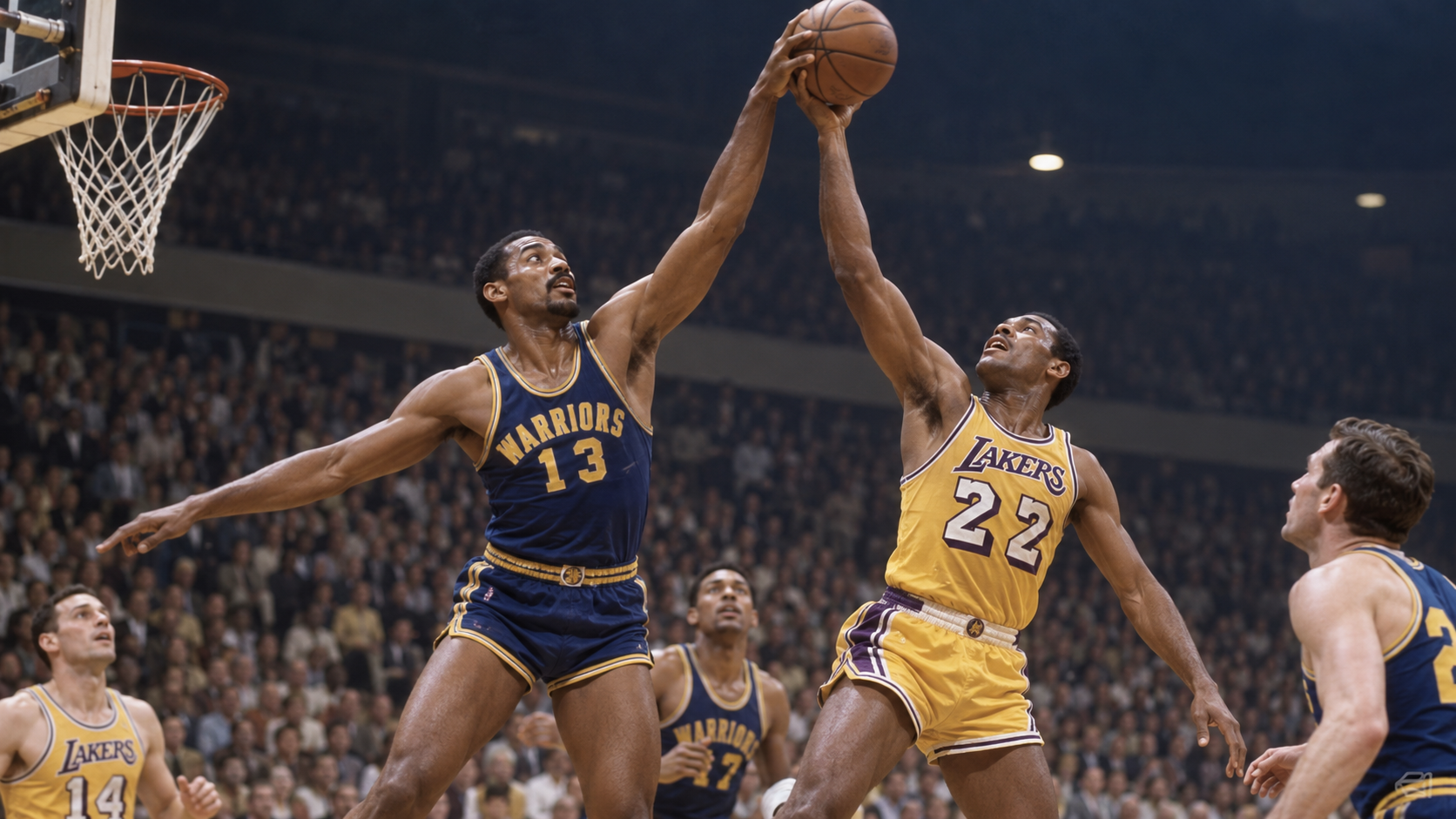 Photorealistic reconstruction of Wilt Chamberlain and Elgin Baylor both scoring at least 50 points in 1962.