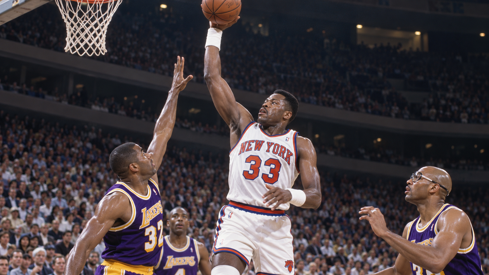 Photorealistic reconstruction of Patrick Ewing becoming the Knicks' career scoring leader in 1993.