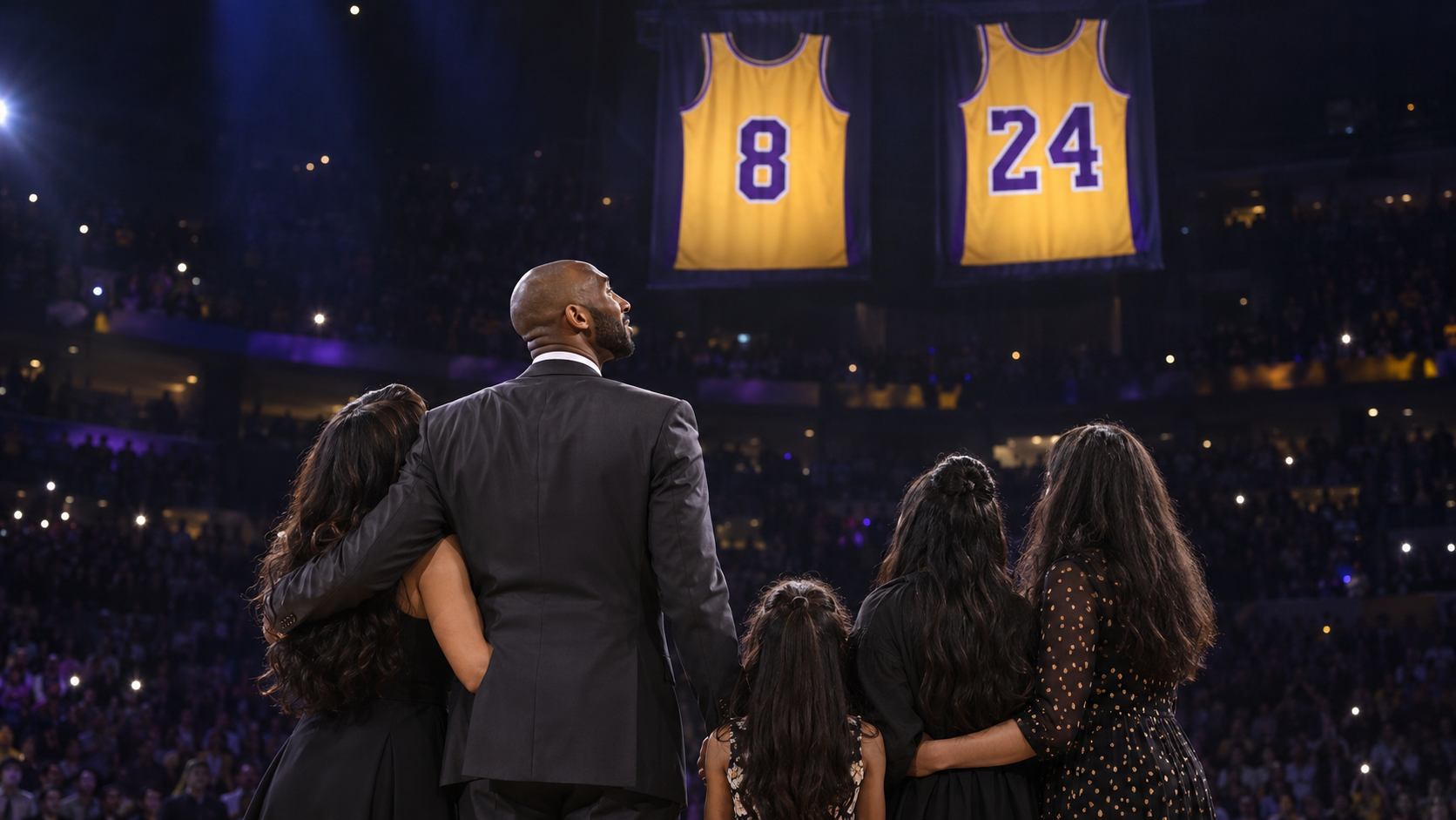 Photorealistic reconstruction of the Lakers retiring Kobe Bryant's two jersey numbers in 2017.