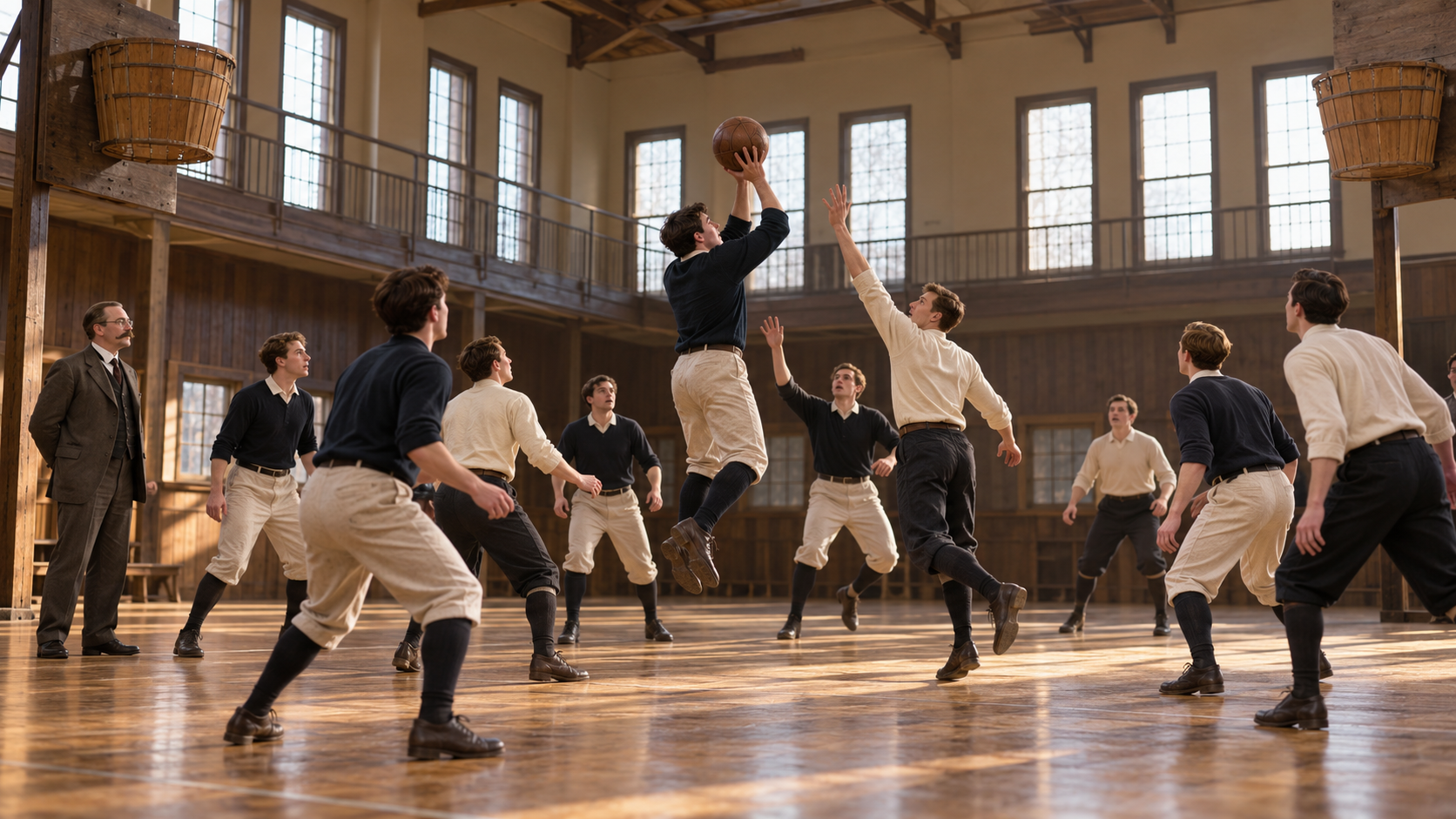 Photorealistic historical reconstruction of the first basketball game in Springfield in 1891.