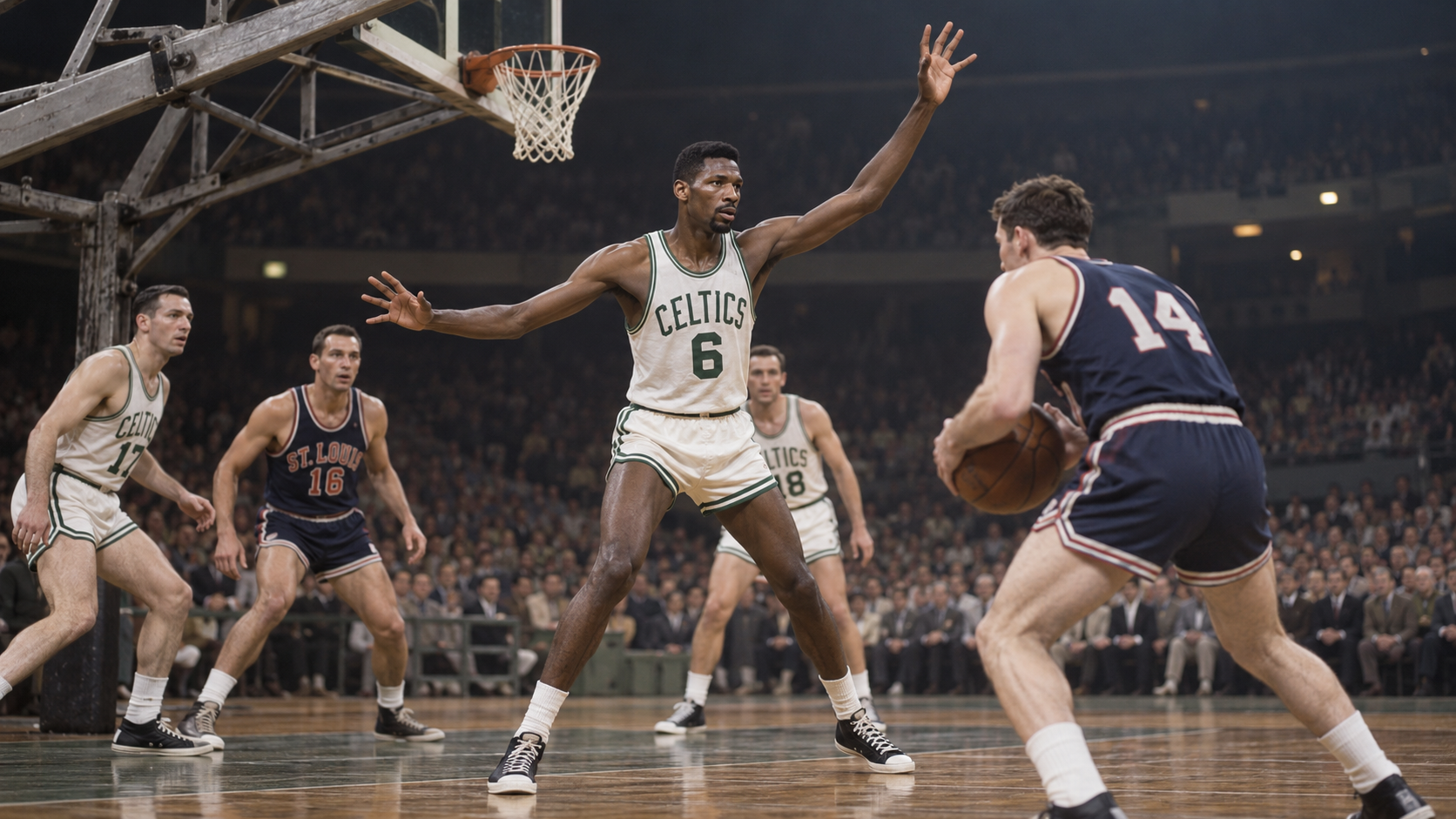 Photorealistic historical reconstruction of Bill Russell making his NBA debut in 1956.