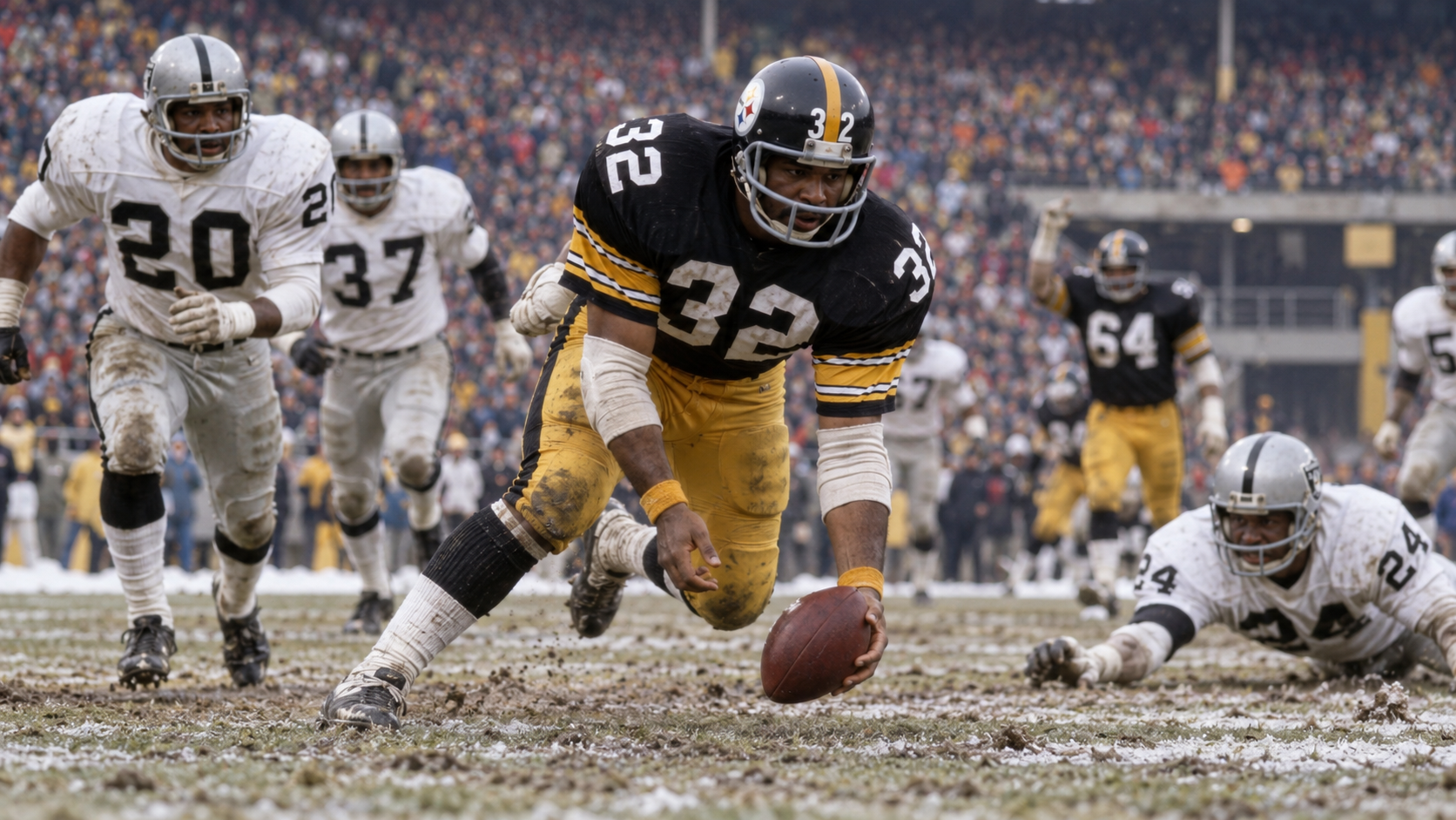 Photorealistic historical reconstruction of Franco Harris making the Immaculate Reception in 1972.