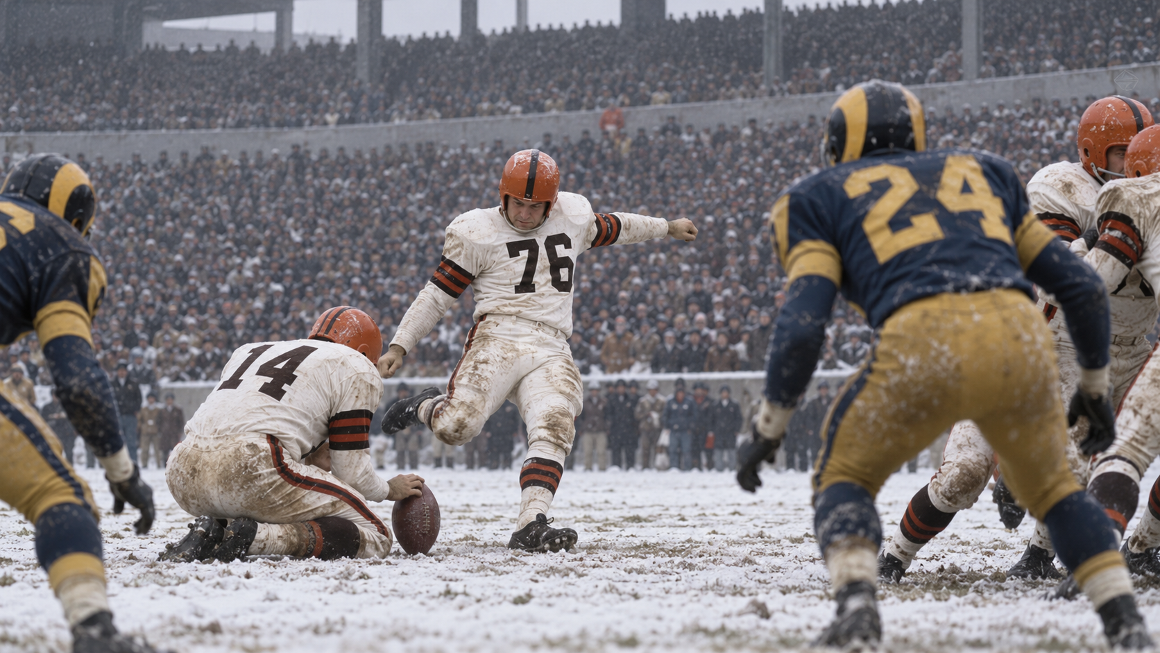 Photorealistic historical reconstruction of the Cleveland Browns winning the 1950 NFL championship.