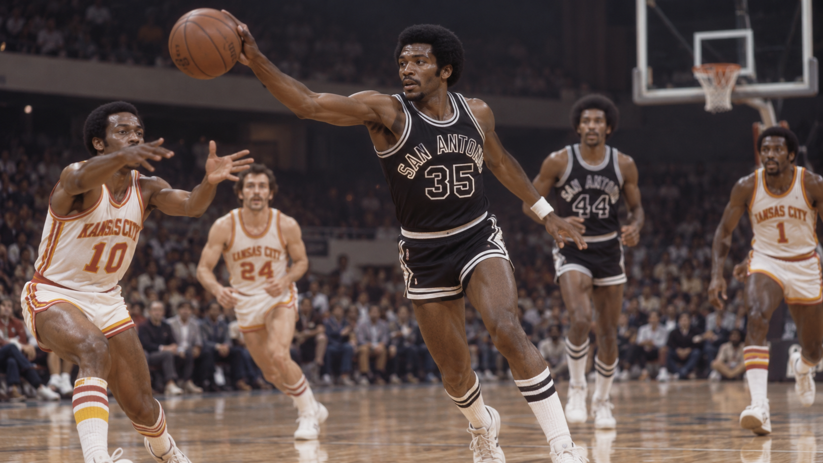 Photorealistic reconstruction of Larry Kenon recording an NBA-record 11 steals in 1976.