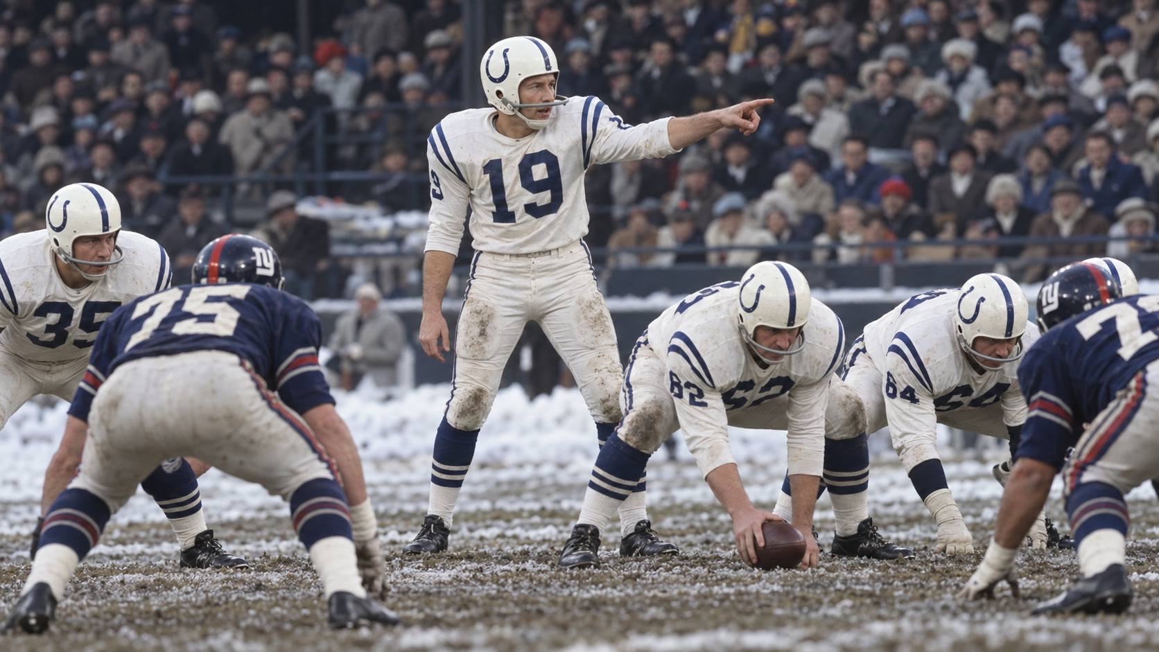Photorealistic historical reconstruction of the Baltimore Colts winning the 1959 NFL championship.