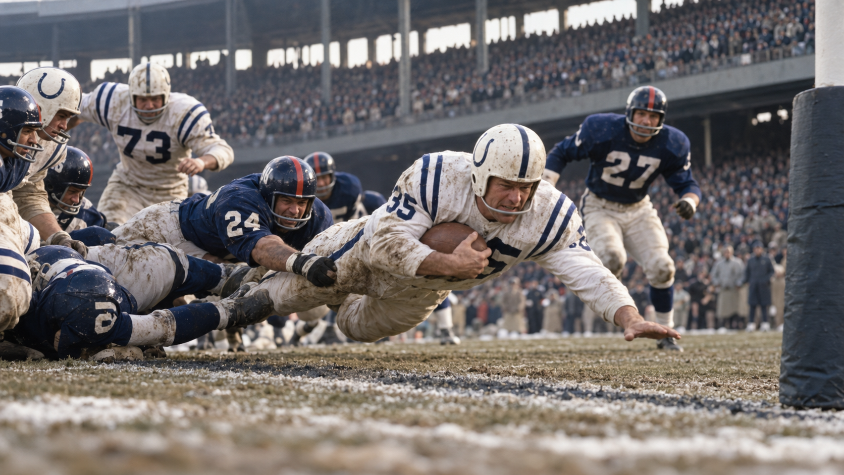 Photorealistic historical reconstruction of Alan Ameche scoring in overtime in the 1958 NFL championship.