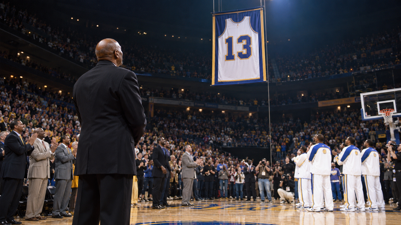 Photorealistic reconstruction of Golden State retiring Wilt Chamberlain's No. 13 in 1999.