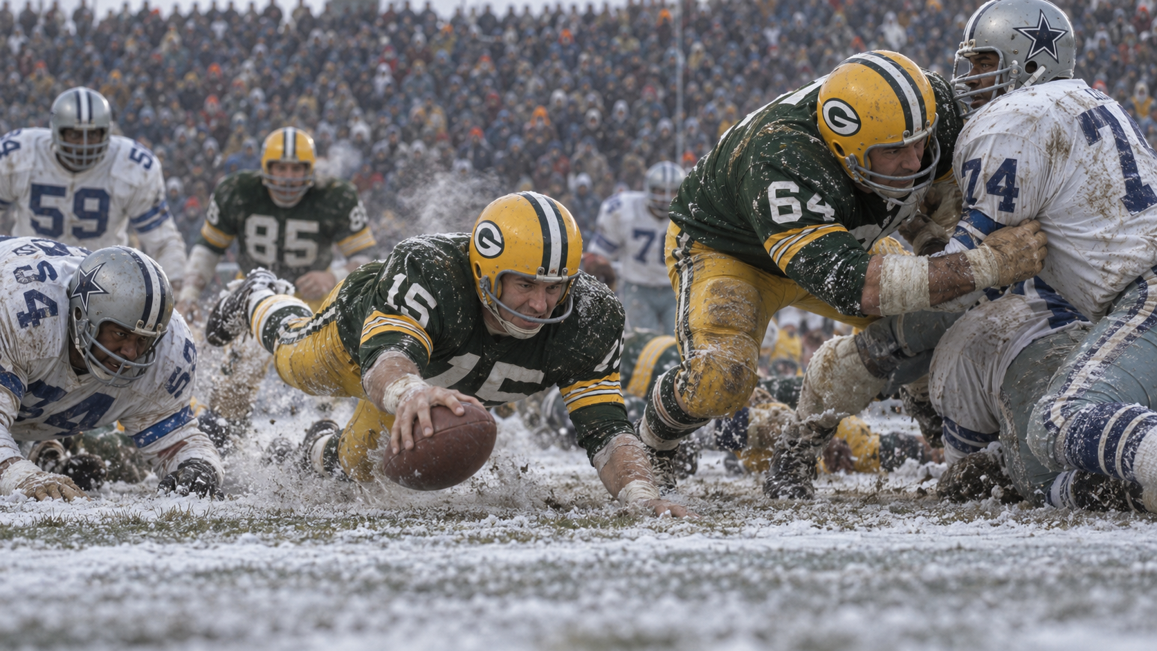 Photorealistic historical reconstruction of Bart Starr scoring the winning touchdown in the 1967 Ice Bowl.