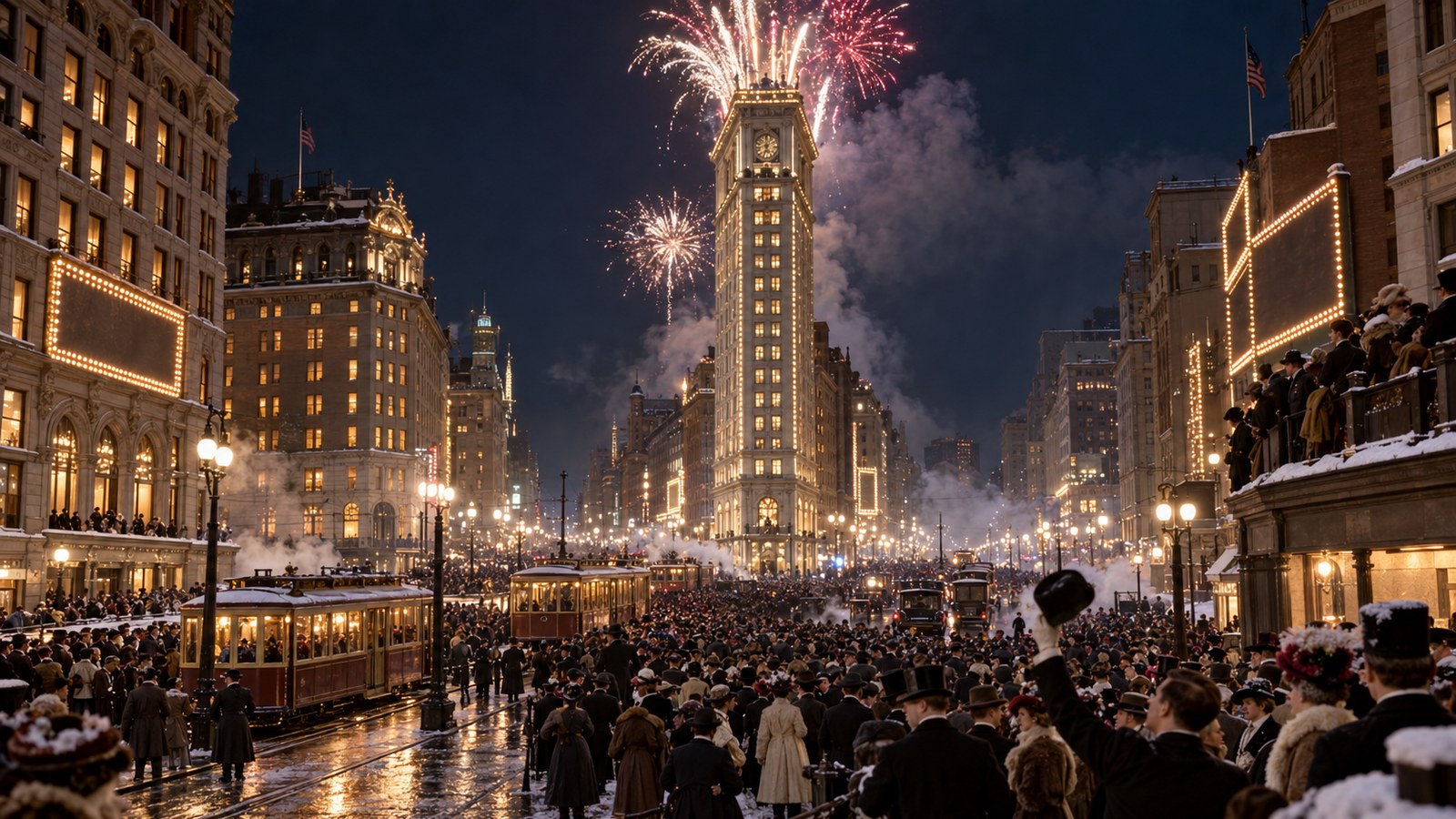 AI reconstruction of crowds gathered for the first New Year's Eve celebration in the newly named Times Square on December 31, 1904