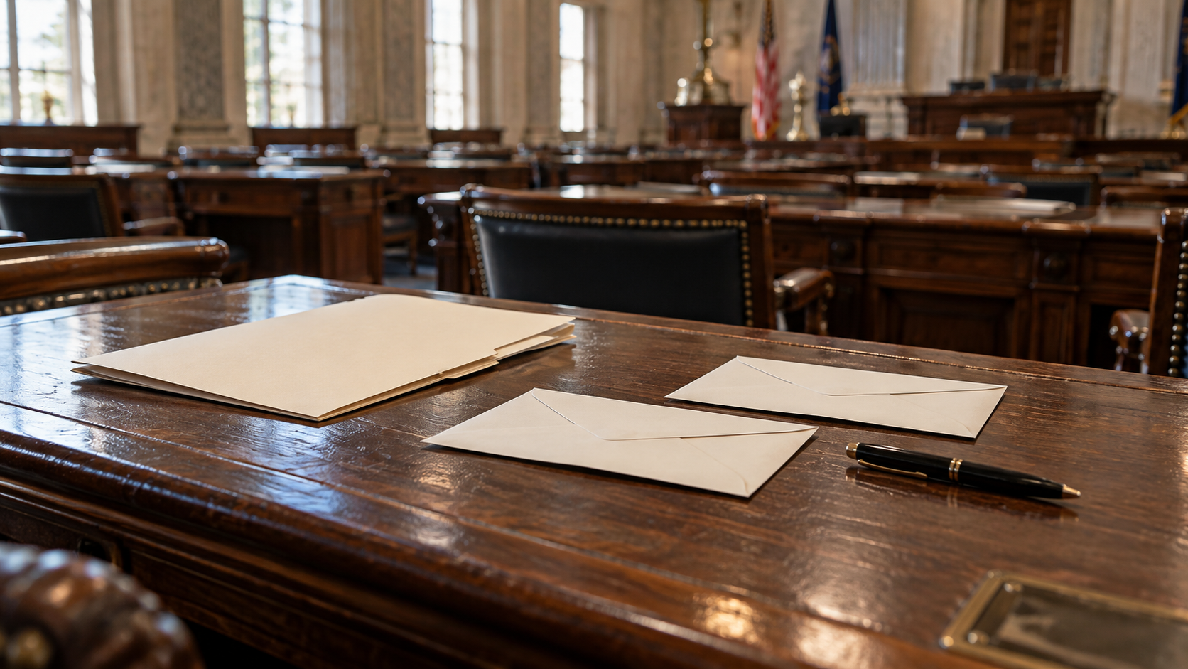 Cream envelopes, a folder, and a pen on a wooden desk in an empty legislative chamber.
