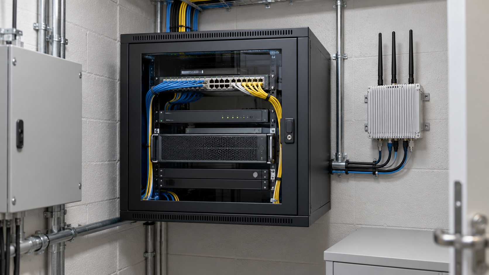 Network edge cabinet with server, fiber cables, and a wireless gateway in a utility room.