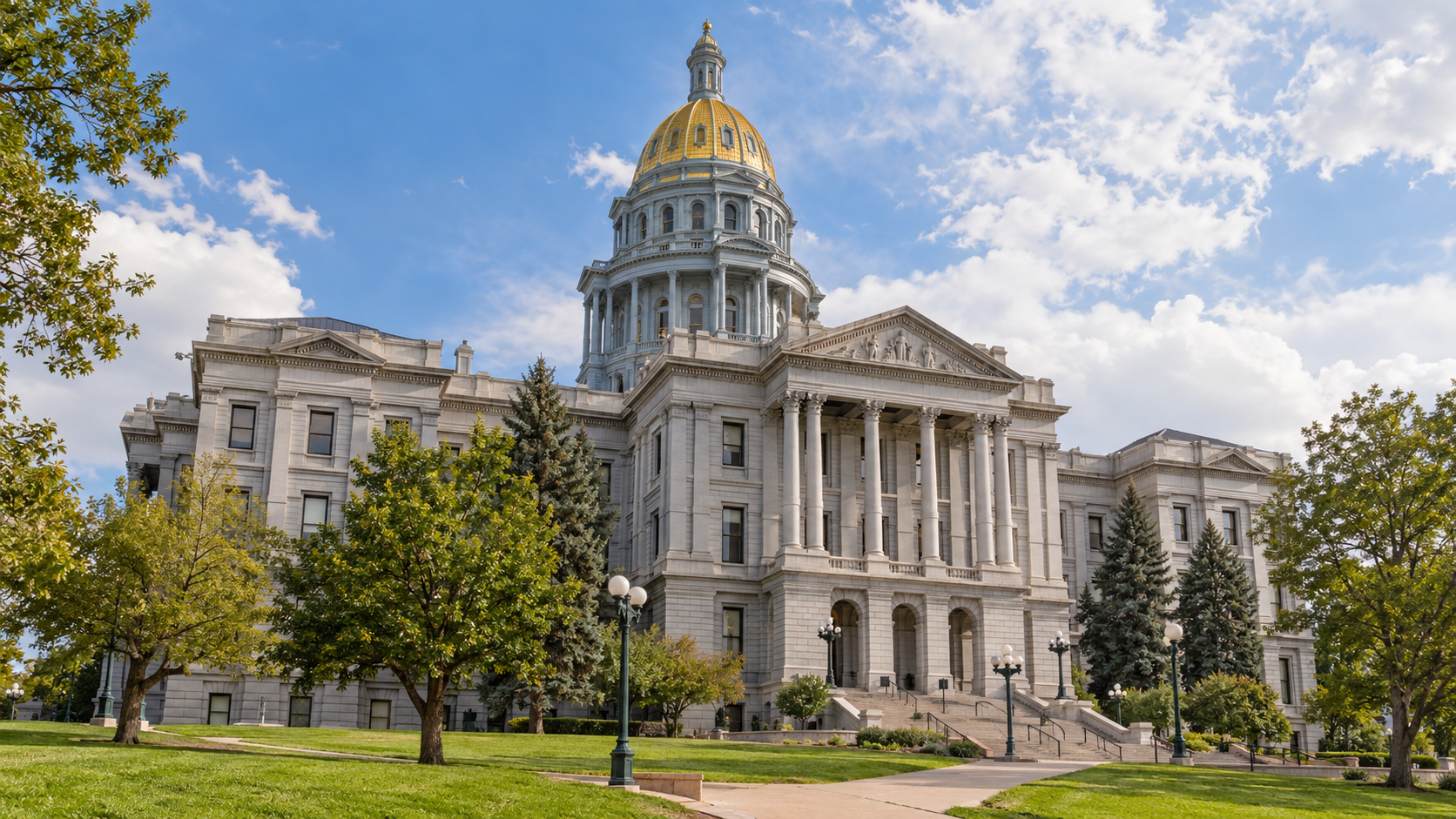 The Colorado State Capitol with its gold dome, stone columns, steps, and surrounding trees.