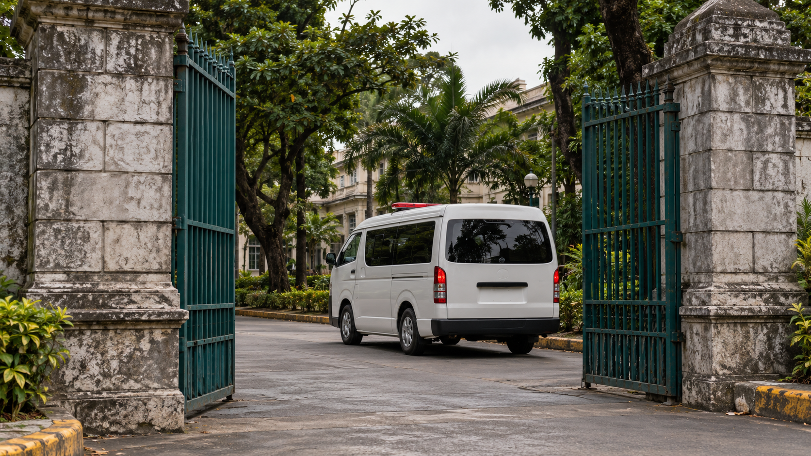 AI reconstruction of a Manila hospital entrance and ambulance during the early 2020 coronavirus outbreak.
