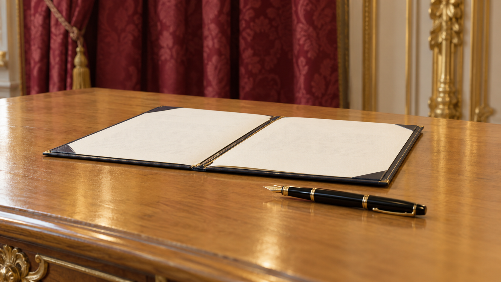 AI reconstruction of a document folder and fountain pen in the researched Paris cancer-charter signing setting.