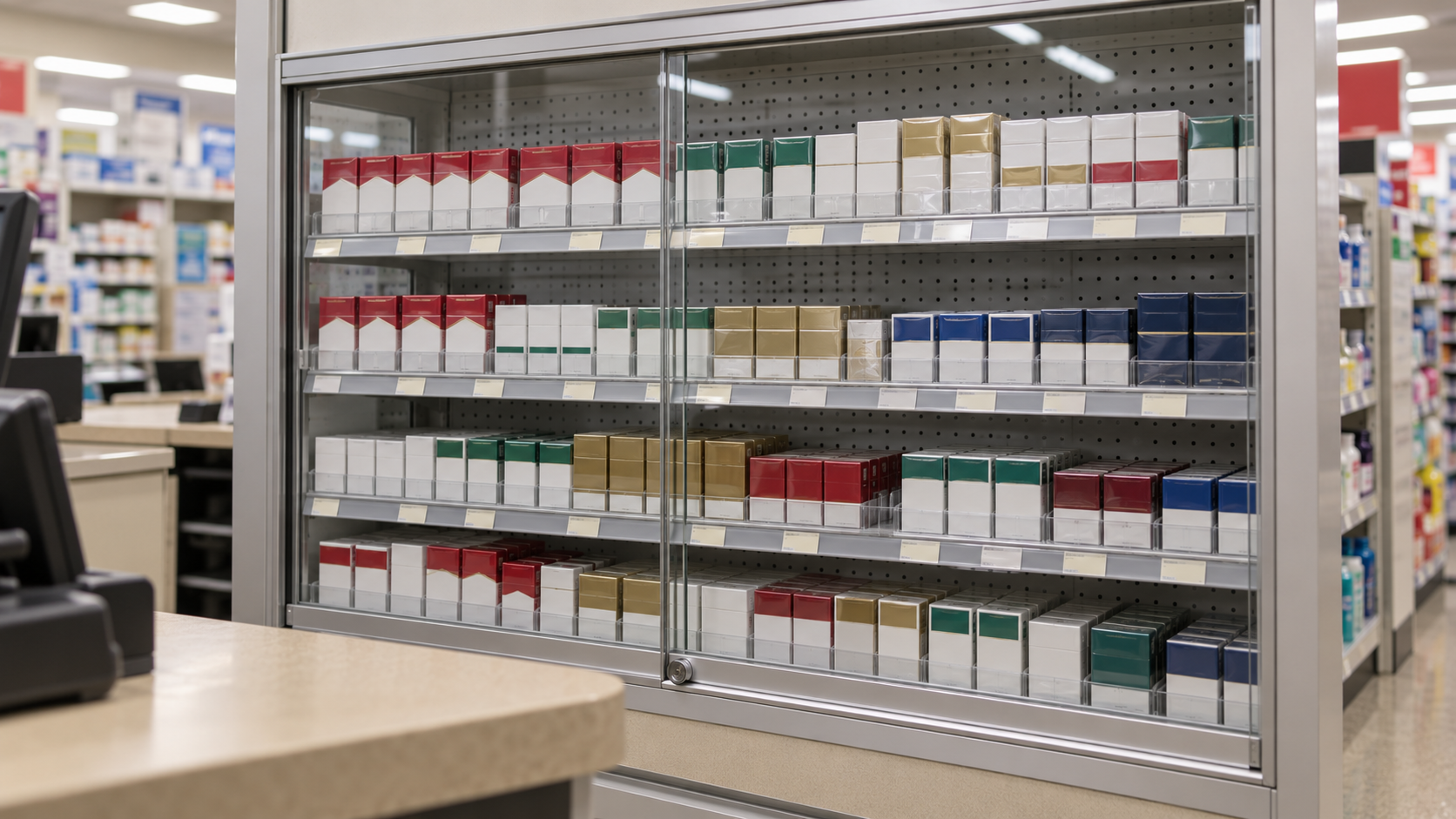 AI reconstruction of a stocked US pharmacy tobacco cabinet at the time of CVS's February 2014 announcement.