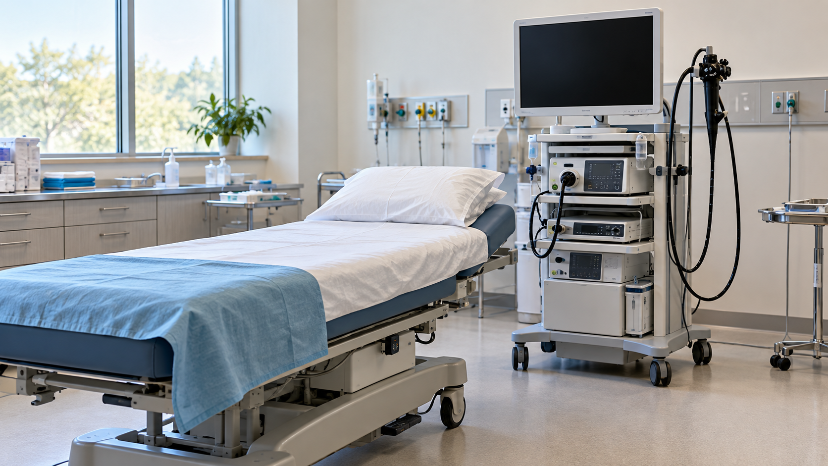 An empty endoscopy room with an examination bed and a compact equipment cart.