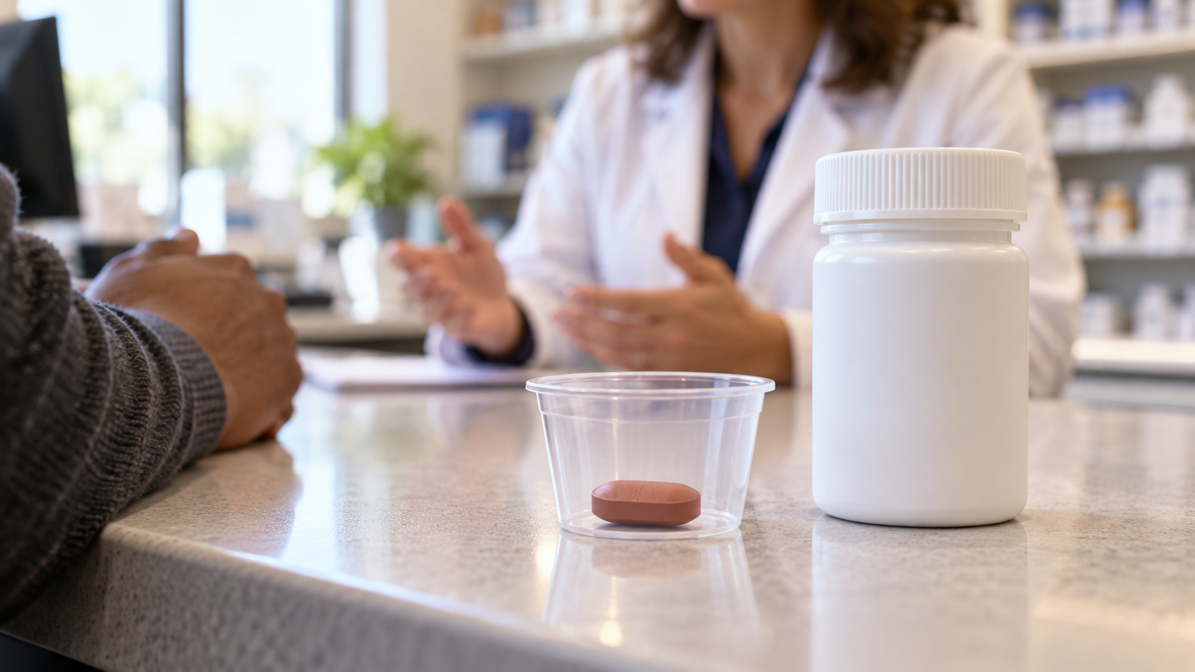 AI reconstruction of a pharmacy consultation with a brown tablet and white prescription bottle, representing HIV treatment in 2018.